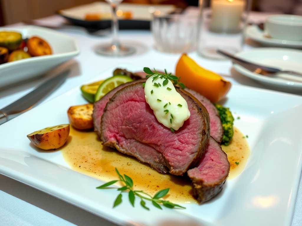 Savory Beef Tenderloin with Herb Butter Sliced Beef Tenderloin with herb butter and roasted vegetables on an elegant table setting.